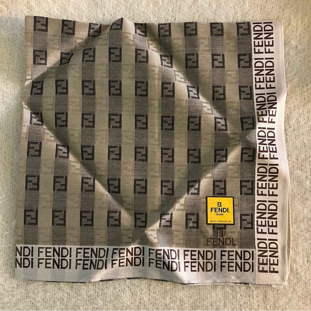 New FENDI Bandana Handkerchief Scarf Pocket Square Cotton Logo All Over Beige